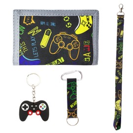 LuxStellar Children's Wallet Boys, 4-Piece Set with Triple Folding Purse Children Boys Made of Robust Polyester Adjustable Carry Cord Purse Boys for School Leisure Travel, black, Modern