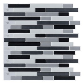 LONGKING 10-Sheet Self-Adhesive Peel and Stick Backsplash for Kitchen, Vinyl Decorative Tiles (Black/Gray)
