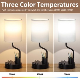 White Bedside Table Lamps for Bedroom Set of 2 - Nightstand Light with AC Outlet and USB A & C for Charging, 3 Color Temperatures Desk Lamp with Pen Holder & Phone Stand for Living Room/Dorm/Office