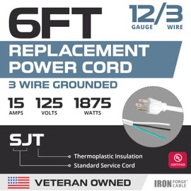 Iron Forge Cable 12 Gauge Power Cord Replacement - 6ft,15 Amp White Heavy Duty Extension Cord, 12/3 SJT 3 Prong Electric Cable - 3 Wire for Appliances & Power Tools, NEMA 5-15P