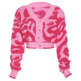 Perbai Womens V Neck Button Down Long Sleeve Colorblock Y2K Cropped Cardigan Sweater Jacket(Pink-S)