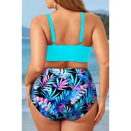 Aqua Eve Women Plus Size Two Piece Swimsuit High Waisted Bikini Set Tummy Control Bathing Suit Green and Leaves 16W