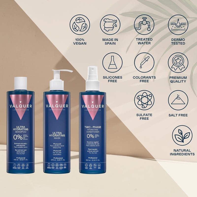Valquer Pack Ultra Hidratante Shampoo, Mascarilla y Acondicionador Bifásico.