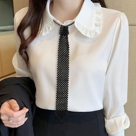 LJBFNN Pearl Ties for Women, Womens Tie Artificial Pearls Neck Tie Beaded Necktie Necklace for Shirt Daily Dress Party Beach (Black)