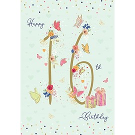 Girl's 16th Birthday Card - Age 16 - Floral Gifts & Butterflies Embossed with Foil - Made in the UK by IC&G