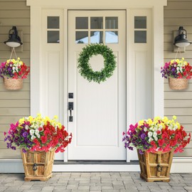 Artificial Flowers for Outdoors 12 Bundles Realistic Faux Plants UV Resistant Fake Silk Morning Glory with Eucalyptus for Front Door Planter Patio Porch Spring Summer Decoration (6 Mixed Color)