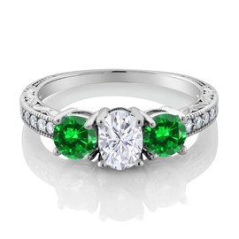 Gem Stone King 925 Sterling Silver Green Created Emerald and White Moissanite Women Ring (2.70 Cttw, Available In Size 5, 6, 7, 8, 9)