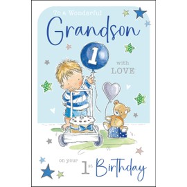 Jonny Javelin Wonderful Grandson 1st Birthday Card - Happy Birthday Card Age 1 with Boy and Teddy Bear Design with Foil and Flitter Details - Birthday Card for Children