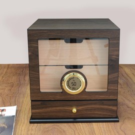 CIGAROL Small Cigar Humidor Cabinet with 2 Tiers & External Accessory Drawer - Spanish Cedar Wood for Sophisticated Storage