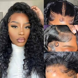 13x6 Lace Front Wigs Human Hair Pre Plucked Wet and Wavy Human Hair Wigs for Black Women Deep Wave Wig 180 Density Curly Lace Frontal Wig (13x6 Lace Black Color, 18 Inch)