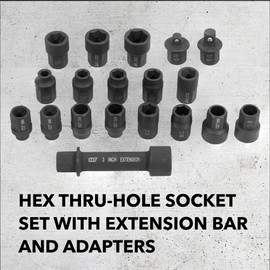 Mighty Seven MA52019 19-Piece Hex Thru-Hole Socket Set, Mechanic Tool Set with Extension Bar and Adapters, Wrench Set for Impact Wrenches, Impact Socket Tool Kit with Range of SAE and Metric Sizes