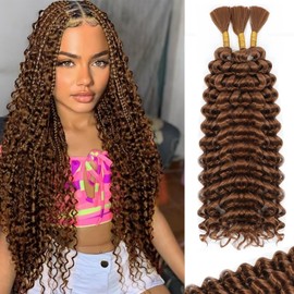 Human Braiding Hair for Boho Braids Human 110g 18 Inch Curly Boho Hair for Braiding Knotless 12A Deep Wave Bulk Bohemian 3 Bundles/Pack Natural Color (30#)