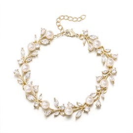 Ever Faith Faux Pearl Wedding Jewellery for Bride Bridesmaid, Gorgeous Cubic Zirconia Gold Plated Vine Leaf Teardrop Adjustable Link Chain Bracelet for Women