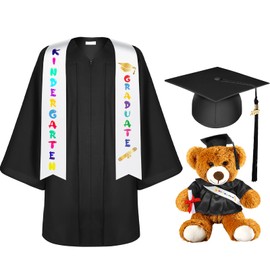 Silkfly 7 Pcs Unisex Matte 2024 Kindergarten Preschool Graduation Gown and Cap with Tassel Sash Plush Stuffed Bear Sets(Black)