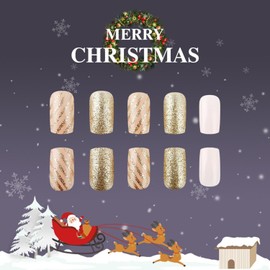 Christmas Press on Nails Short Square French Tip Gold & White With Elegant Glitter Designs Winter Glossy Glue on Xmas Acrylic for Women Girls 24 Pcs
