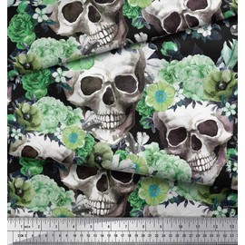 Soimoi Cotton Canvas Fabric Skull,Rose & Anemone Flower Print Fabric by The metre 42 Inch Wide