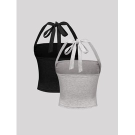 Women's Plain Ruched Tie Back Halter Crop Cami Top, Summer Clothes Women, Casual Sleeveless Crop Top for Summer, Summer Outfits 2024, Summer Tops, Crop Tops, Women's Clothing for Daily Wear - Color: Multicolor, Size: S