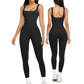 KIKIMINK Workout Romper for Women Seamless Ribbed Bodysuit One Piece Yoga Jumpsuit Sleeveless Square Neck Tank Top Leggings - Black L