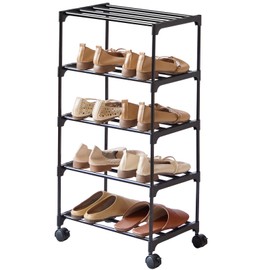 LUCKY OCEAN 5-Tier Small Shoe Rack with Wheels, Slide-Out Metal Shoe Racks Storage, Anti-Rust Coating, Stackable Design - 16.9W for Entryway, Kitchen, Living Room & Office - Black
