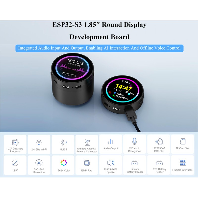 ESP32-S3 1.85inch Round Touch LCD Development Board, 360x360, Supports Wi-Fi