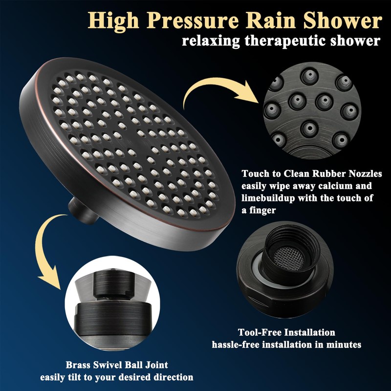 High Pressure Rainfall Shower Head, 6'' Luxury Showerhead with Anti-Clog