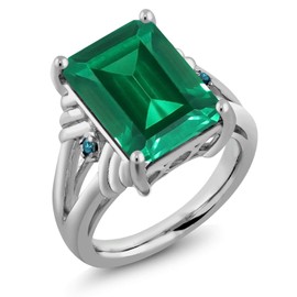 Gem Stone King 925 Sterling Silver Green Nano Emerald and Blue Diamond Engagement Ring For Women (6.53 Cttw, Gemstone May Birthstone, Emerald Cut 14X10MM, Size 5)