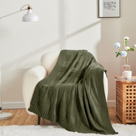 CozeCube Knit Throw Blanket,Olive Green Checkered Throw Blanket for Couch,Soft Cozy Warm Knitted Throw Blanket for Bed Sofa Living Room,Decorative Spring Fall Throw Blanket 60"X80",Olive Green