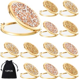 Cindeer 12 Pcs Small Compact Mirror Folding Pocket Makeup Round Hand Held Cosmetic Magnifying Compact Rhinestone Mirror with 1X/2X Magnification for Women Girls Travel (Stylish Colors)