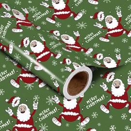LeZakaa Christmas Wrapping Paper Roll - Funny Santa Claus Jumping with Rock 'n' Roll Gesture, Merry Christmas Lettering, for Christmas, Holiday Party Gift Wrap - 17 inches x 16.4 Feet (23.2 sq.ft.)