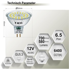 EACLL GU5.3 MR16 LED Bulbs 6.5 W Replaces 60 W Halogen Bulbs, Cool White 6400 K 700 lm, Flicker-Free AC/DC 12 V Spotlight, Non-Dimmable Reflector Lamps with 120° Beam Angle Spot, Pack of 10