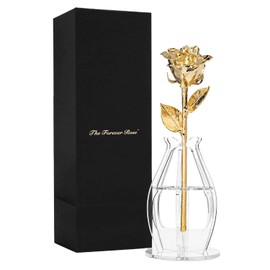Forever Rose Bloom Box Bundle - a Genuine, One of a Kind, Real Rose Hand Dipped in Gold with Beautiful Phantom Vase and Blooming Box