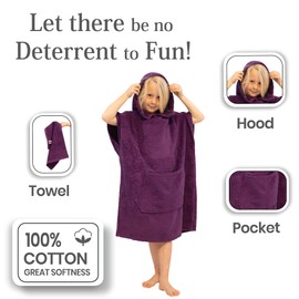 Allen & Mate Kids Swim Changing Robe - Quick Dry 100% Terry Cotton Beach Poncho Towel with Hood & Pocket for Boys & Girls (10-13 Years, Purple)