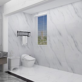 JSEVEM 31"×157" Extra Wide Thick White Grey Wallpaper Peel and Stick Waterproof White Gray Marble Contact Paper Vinyl Faux Glossy Texture Granite Wall Sticker Decor for Bedroom Bathroom Kitchen Island