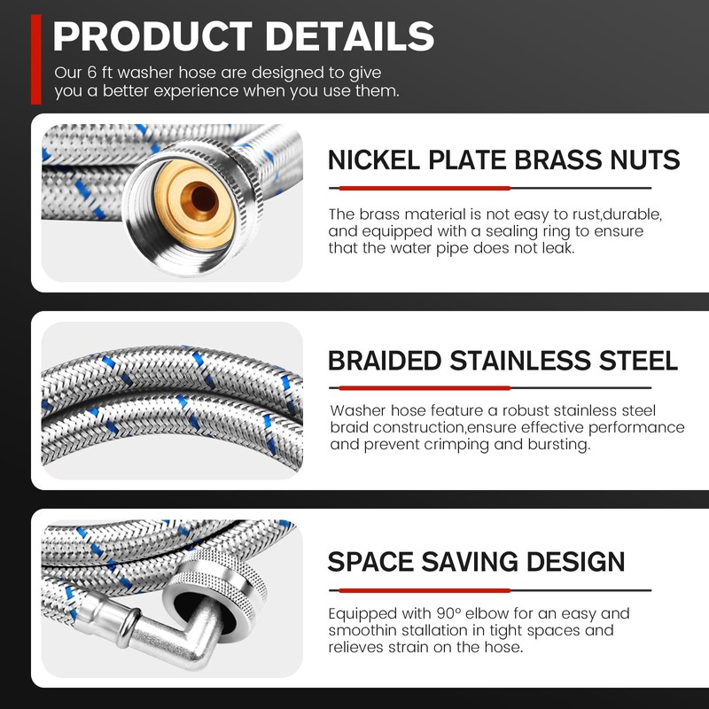 6Ft Stainless Steel Washer Hose with 90 Degree Elbow by
