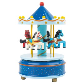 AUEAR, Vintage Mini Music Box Figurine Birthday Gift Table Decor (Carousel Wooden Horses Sky Blue)