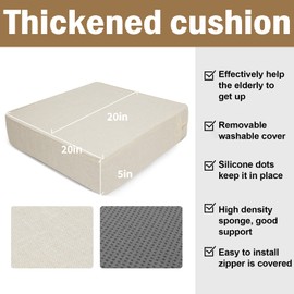 BUYUE Thickened Chair Lifting Cushion for Elderly 20" x 20" x 5", Original Woven Fabric High-Density Foam Recliner Chair Pad Couch Armchair Seat Cushion, Beige
