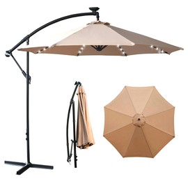 SereneLife SLSK5714.3 10 ft Cantilever 360° Rotation-8 Sturdy Steel Ribs Patio Market Hanging Umbrellas with 24 LED Lights, Tilting and Cross Base