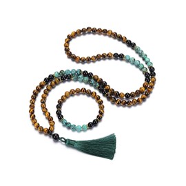 Jovivi 108 Beads Mala Necklace with Tassel 8 mm Prayer Beads + Healing Stone Tibetan Bracelet Yoga Meditation Jewellery Set Women, Gemstone