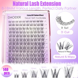 DAODER Natural Eyelash Extension DIY Wispy Lash Clusters 8-18MM Cluster Eyelash Extensions D Curl Invisible Clear Band Cluster Lashes Natural Look(8-18MM Wispy)