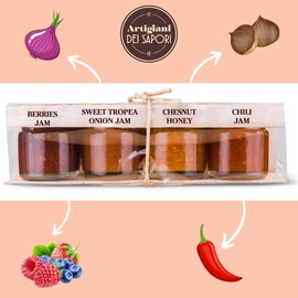 4 Pack, Mini Cheese Board Condiments "La Formaggeria", 1.3 oz each, Charcuterie Board Accessories, Sweet Tropea Red Onion Jam, Chili Jam, Chestnut Honey, Mixed Barries Jam, Handpacked in Calabria Italy, Artigiani di Sapori