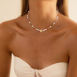 Fezodo Beaded Initial Necklaces for Women Girls, Dainty Colorful Initial Letter g Necklace Simple Pearl Necklaces for Women Trendy Cute Summer Beach Necklace Jewelry for Women Girls
