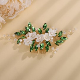 Teyglen Bridal Green Crystal Pearl Hair Comb Flower Wedding Headpiece for Bride Crystal Hair Comb Floral Hair Piece Party Prom Hair Accessories for Women(Green)