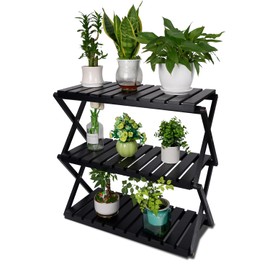 BEEFURNI Acacia Plant Stand Indoor, Wooden Outdoor Planter Stand, 3 Tier Succulent Shelf, Easy Assembly, Bench Patio Balcony Sunroom Decor, Flower Garden Shelf, 1-year Manufacturer Warranty (Black)
