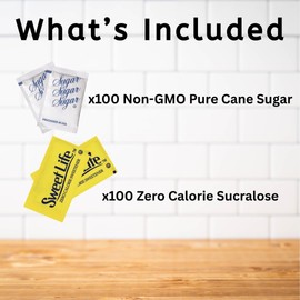 Happy Little Heart Sugar & Sweetener Variety Pack – 400 Count of Pure Cane Sugar, Zero-Calorie Sweetener, Raw Brown Sugar and 100 Sip and Stir Coffee Stirrers – Ideal for Coffee, Tea & On-the-Go Use