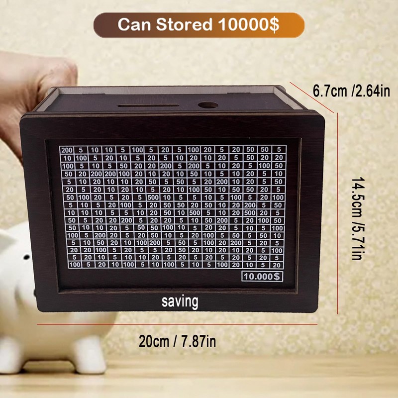 Cash Vault Wooden Savings Challenge Box with Counting Target, Reusable