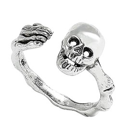 Kysin Chiys Gothic Skull Ring Open Wrap Rose Flower Skeleton Adjustable Statement Ring Sterling Silver Retro Vintage Cocktail Party Punk Jewelry for Women Men - Ring A