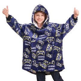 Game Controller Wearable Blanket Hoodie for Boys Gamer Oversized Hoodie for Kids (Gamer-Blue, 10-11 Years)