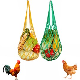 Poultry Vegetable String Bags for Chickens：2PCS Hanging Feeding Net Dispensers for Fruits and Veggies – Chicken Treat Toys for Hens, Ducks, Geese, Large Birds (Yellow & Green)