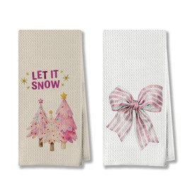 AgriFusion Tech Let It Snow Christmas Tree & Pink Bow Kitchen Towels, Holiday Hand Towels for Bathroom, Christmas Dish Tea Towels, Christmas Bathroom Kitchen Decor, 16x24 Inch (Set of 2)