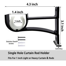 6 Pack Curtain Rod Bracket, Heavy Duty Curtain Rod Holders Curtain Rod Hooks for 1 to 1.2 Inch Drapes Rods, Black Curtain Brackets for Wall, Drapery Rod Hangers Supports Window Hardware